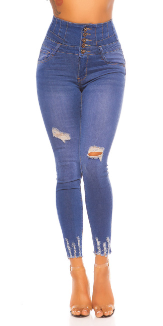 skinny hoge taille jeans gebruikte used look met scheuren jeansblauw
